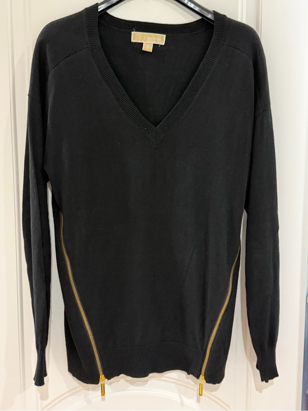 Michael Kors Black V-Neck Sweater with Gold Zipper Accents